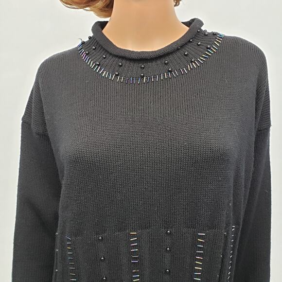 Chicara  Embellished Beaded Knit Sweater XL Black Wool blend Vintage Germany - Picture 2 of 13